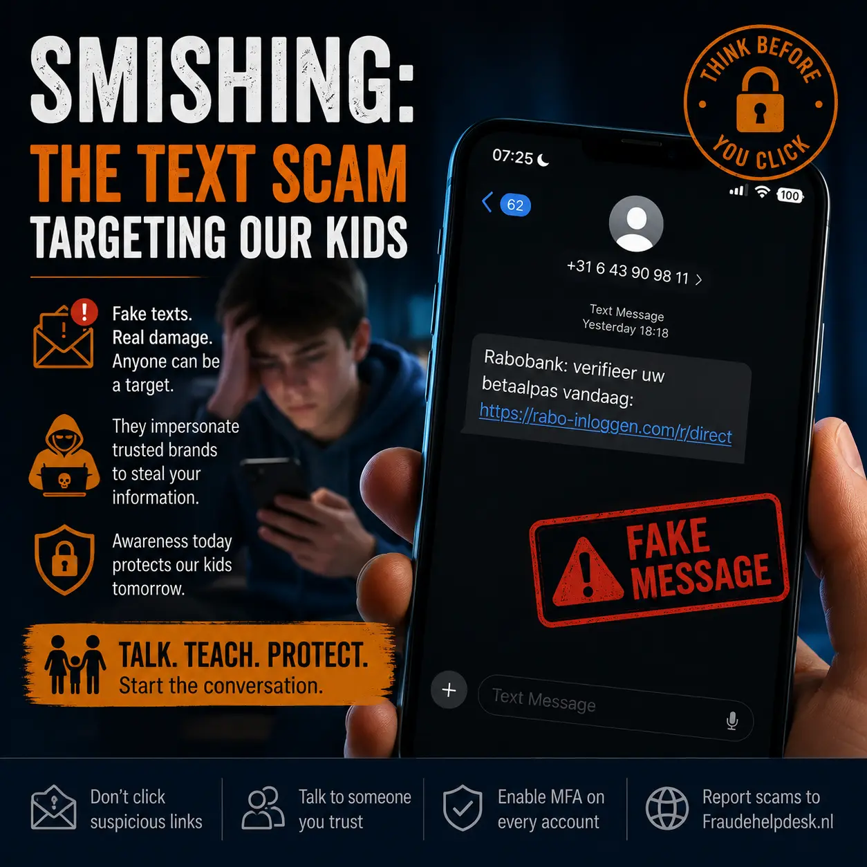 Fake Rabobank smishing text message received by a teenager, illustrating how cybercriminals use SMS phishing to target families and young smartphone users.